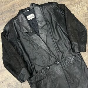 Vintage‎ Donna Pelle Mid Length Leather Coat Women Size Medium Black Cheetah